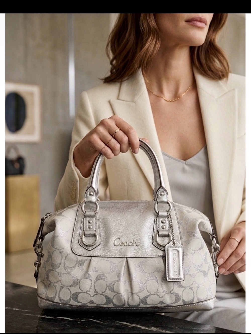 Metallic silver Ashley signature satchel from COACH